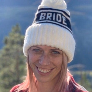 Bride Pom Pom Beanie, Retro Ski Hat for Photo Props, Snowboard Beanie for Winter Wedding, Bachelorette Parties, Ski Weekends image 9