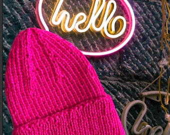 Hand Knit Cuffed Beanie: Soft Acrylic Wool Slouchy Hat