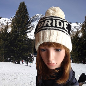 Bride Beanie w Pom Pom, Bride Ski Hat for Photo Props, Snowboard Beanie for Winter Wedding, Handknit Hat for Bachelorette Parties, Bride Hat