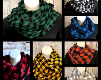 Black and gold buffalo plaid on a lightweight cotton jersey knit ladies infinity scarf New Orleans Saints and Iowa Hawkeyes team colors.*