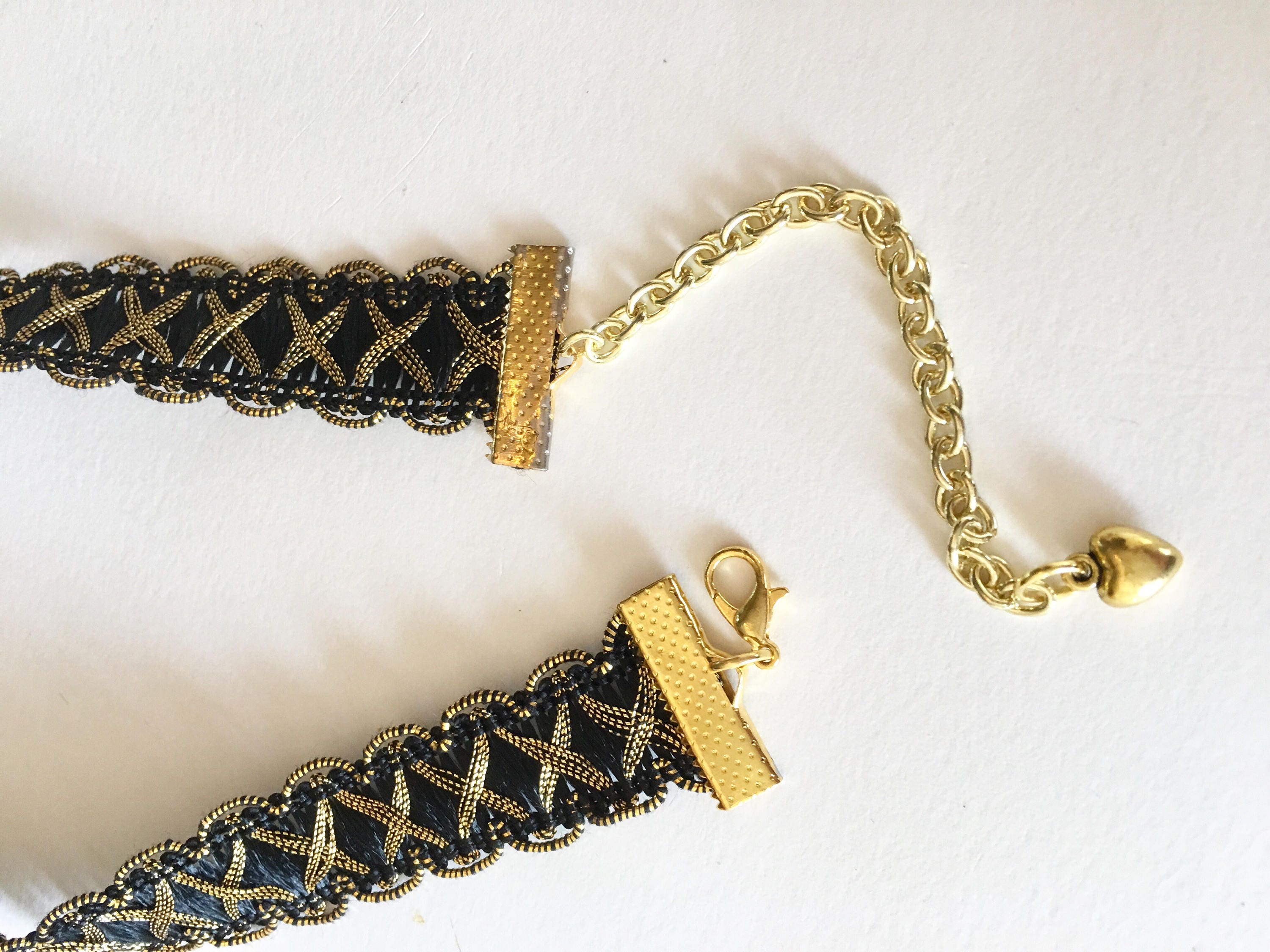 Gold and Black Ribbon Choker Necklace with Heart Lock Charm Etsy