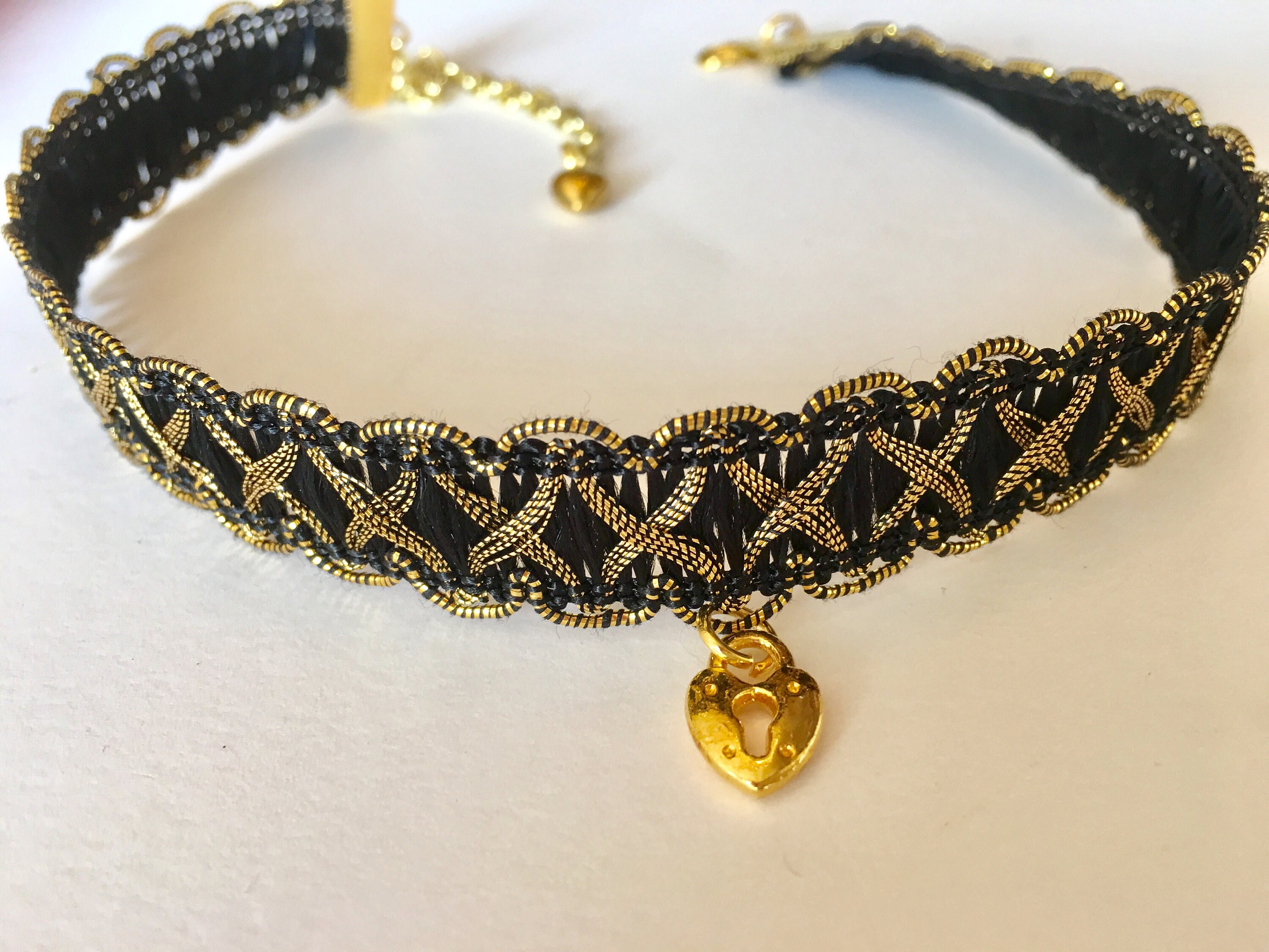 Gold and Black Ribbon Choker Necklace with Heart Lock Charm Etsy