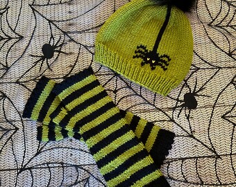 Aracnophile Hat and Striped Fingerless Gloves Gift Set, Halloween Hand Knit Green Spider Lovers Hat and Green and Black Fingerless Mitts