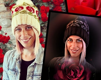 City of Roses Winter Hats in Night Roses or Morning Roses Design, Hand Knit Winter Pom Pom Beanies with Faux Fur Poms