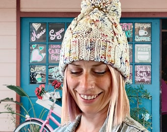 Hand Knit Cabled Pom Pom Beanie: Icing Sprinkles Winter Hat