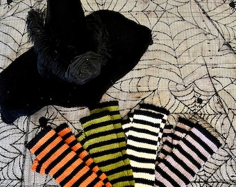 Hand Knit Striped Fingerless Arm Warmers: Goth Witchy Mitts