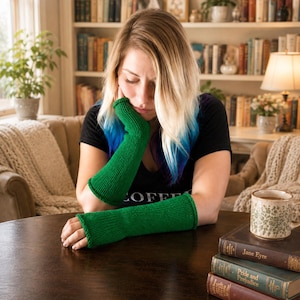 Hand Knit Fingerless Arm Warmers: Solid Color Long Mitts