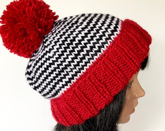 Hand Knit Pom Pom Beanie, Black and White Stripe Hat With Bright Cuff and Pom, Fun Winter Hat, Ski and Snowboard Beanie