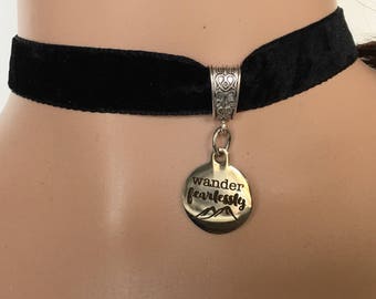 Wander Fearlessly Pendant on Black Velvet Choker Necklace, 5/8 Inch Choker with Mountain Pendant, Graduation Gift, Traveler Jewelry