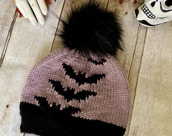 Hand Knit Bat Beanie: Chiropterologist Hat with Faux Fur Pom