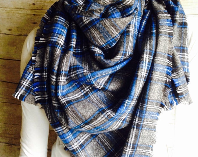 Plaid Blanket Scarf Grey and Blue Soft Cotton Flannel Wrap Etsy