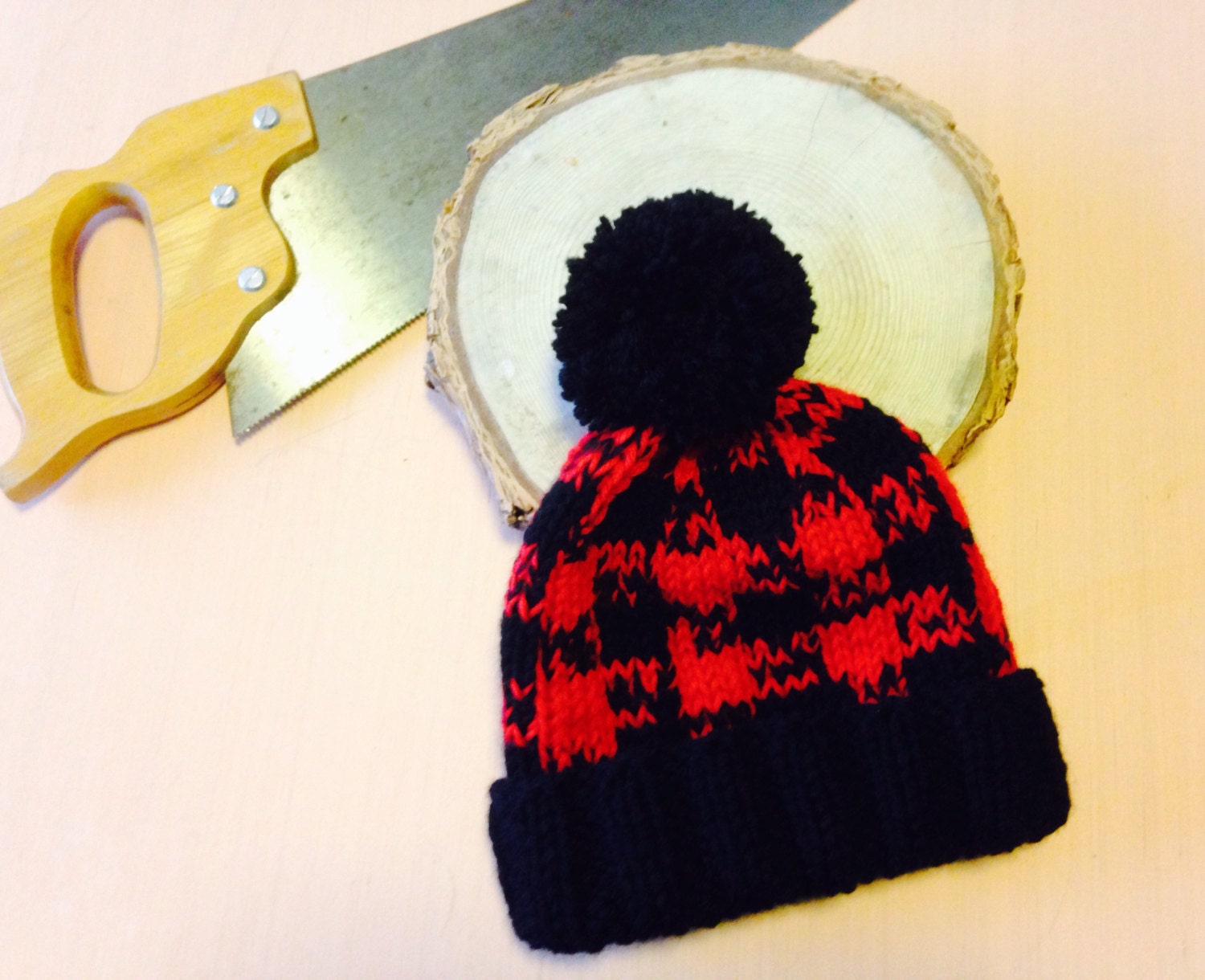 Red Buffalo Plaid Hat, Hand Knit Winter Hat, Plaid Pom Pom Beanie, Cuffed Knit Hat, Lumberjack Plaid Ski Hat, Snow board Beanie