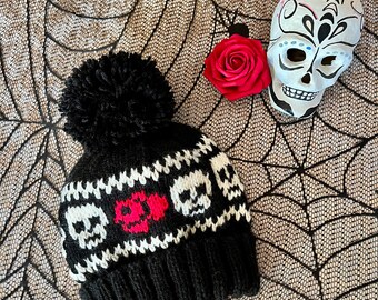 Skulls and Roses Hand Knit Pom Pom Hat, Winter Beanie with Knit in Skull and Rose Design, Goth Hat, Halloween Hat, Day of the Dead Hat