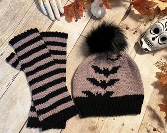Bat Lovers Hat and Striped Fingerless Gloves Gift Set, Hand Knit Hat with Bats Rising and Lavender Grey and Black Striped Fingerless Mitts