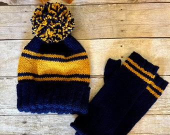 Striped Pom Pom Beanie and Glove Set in School and Team Colors, Set of Hand Knit Retro Sports Style Hat and Long Striped Fingerless Mitts