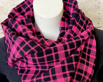 Fringed Plaid Flannel Infinity Scarf: Soft Cotton Circle Scarf