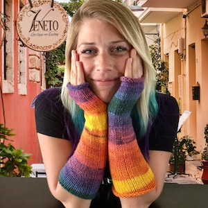 Bright Multicolored Long Fingerless Armwarmers, Hand Knit Fingerless Gloves, Long Fingerless Mitts, Rainbow Accessories, StripedHand Warmers