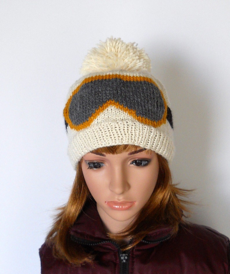 Snowboard Beanie With Ski Goggle Design Ivory Pom Pom Beanie Etsy
