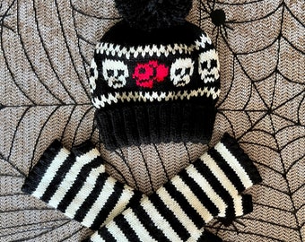 Hand Knit Skulls & Roses Beanie with Striped Fingerless Mitts Set
