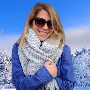 Sky Blue and White Fading, Ombre Look Handknit Scarf, Oversized Scarf in Pale Blue and White, Textured, Fringed Chunky Scarf, Cotton Blend