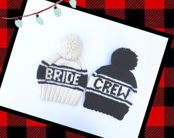 Conjunto de gorros para novia y tripulación, gorros tejidos a mano para despedidas de soltera, regalos para damas de honor, gorros con pompones para accesorios de fotos de bodas de invierno.