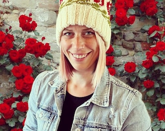 City of Roses Winter Hats in Night Roses or Morning Roses Design, Hand Knit Winter Pom Pom Beanies with Faux Fur Poms
