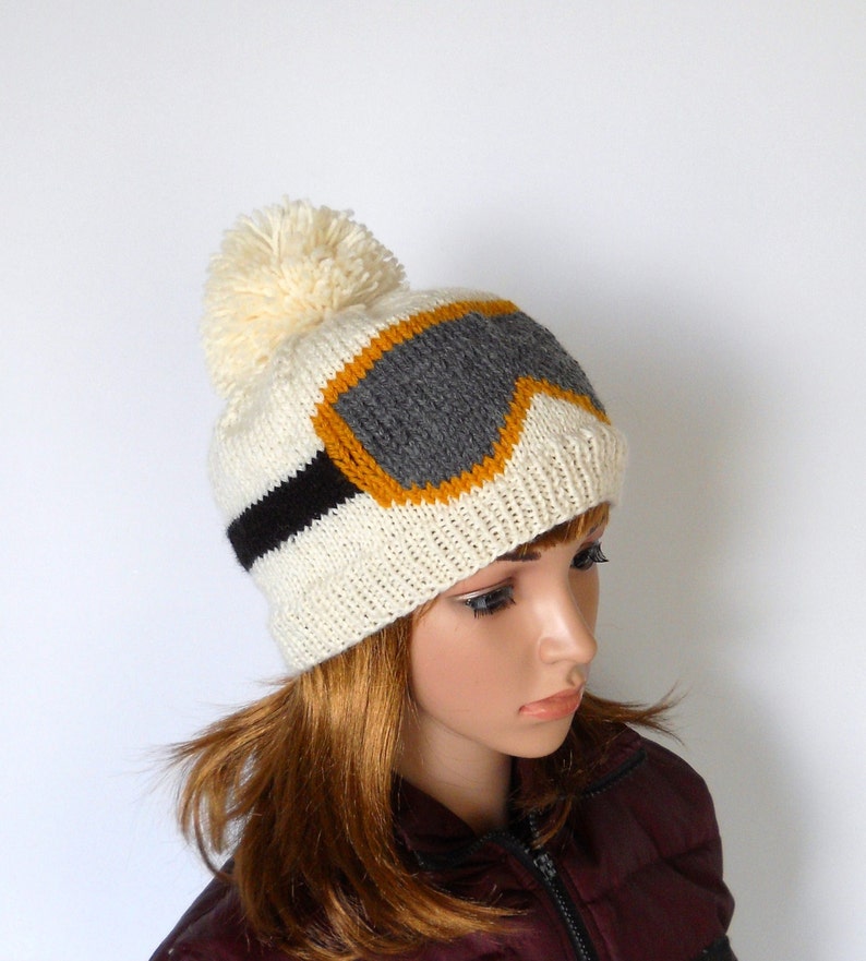 Snowboard Beanie With Ski Goggle Design Ivory Pom Pom Beanie Etsy