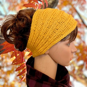 Hand Knit Ribbed Ear Warmer, Ponytail Hat, Winter Headband in Soft Colors