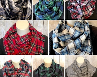 Tartan Plaid Flannel Infinity Scarf, Fringed Flannel Circle Scarf,  Lightweight Tartans like BlackWatch, Royal Stewart, Gordon