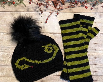 Snake Lovers Hat and Striped Fingerless Gloves Gift Set, Hand Knit Green Snake  Hat and Green and Black Striped Fingerless Mitts