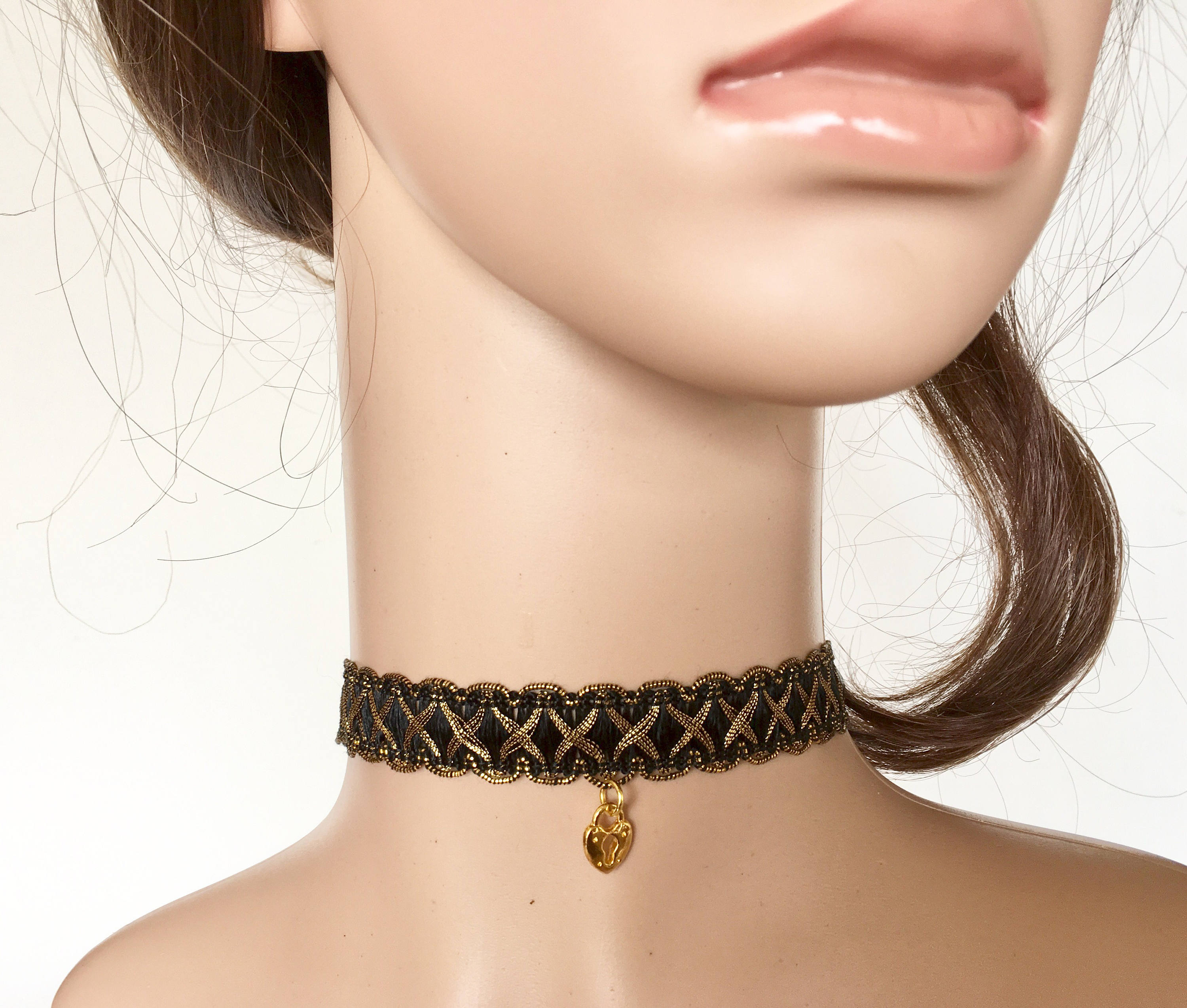Gold and Black Ribbon Choker Necklace with Heart Lock Charm Etsy