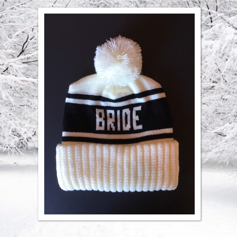 Bride Pom Pom Beanie, Retro Ski Hat for Photo Props, Snowboard Beanie for Winter Wedding, Bachelorette Parties, Ski Weekends image 3