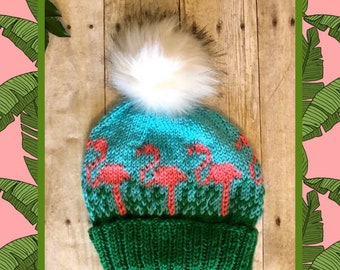 Winter Flamingo Pom Pom Beanie, Handknit Hat with Flamingo Design, Ski Beanie with Faux Fur Pom Pom, Snowboard Hat, Fun Winter Hat