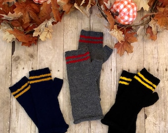 Long Striped Fingerless Armwarmers, Hand Knit Fingerless Gloves in Sport and Team Colors, Long Fingerless Mitts, Long Hand Warmers