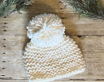 Snowball Beanie, Snow White Chunky  Hand Knit Winter Hat with Large Fluffy Pom Pom