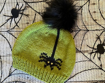 Hand Knit Spider Beanie: Arachnophile Hat with Black Faux Fur Pom