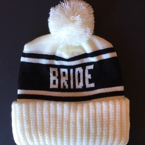Bride Pom Pom Beanie, Retro Ski Hat for Photo Props, Snowboard Beanie for Winter Wedding, Bachelorette Parties, Ski Weekends image 7