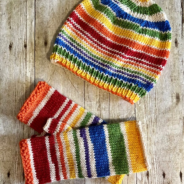 Multicolor Hand Knit Hat and Glove Gift  Set, Hand Knit Hat in Three Styles Paired with Matching Long Fingerless Mitts
