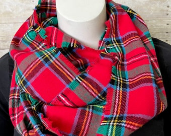 Holiday Plaid Flannel Circle Scarf, Fringed Flannel Infinity Scarf, Soft Cotton Flannel Christmas Plaids