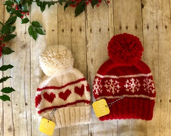 Hand Knit Winter Pom Pom Beanie Set: Hearts & Snowflakes Design