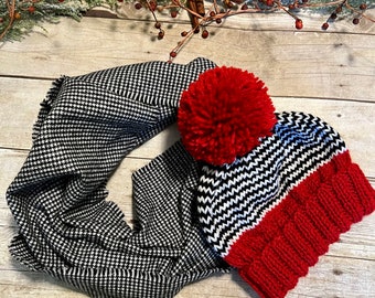 Black and White Houndstooth Flannel Infinity Scarf and Hand Knit Hat Set