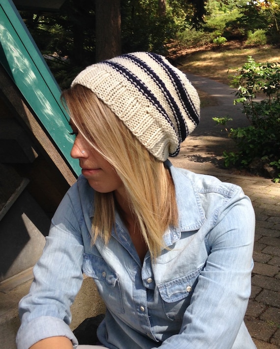 Ticking Stripe Beanie, Navy Striped Hat, Winter White Hat  display picture 1
