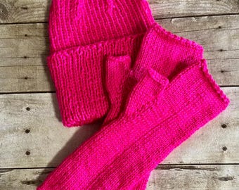 Multicolor Hand Knit Hat and Glove Gift  Set, Hand Knit Hat in Three Styles Paired with Matching Long Fingerless Mitts