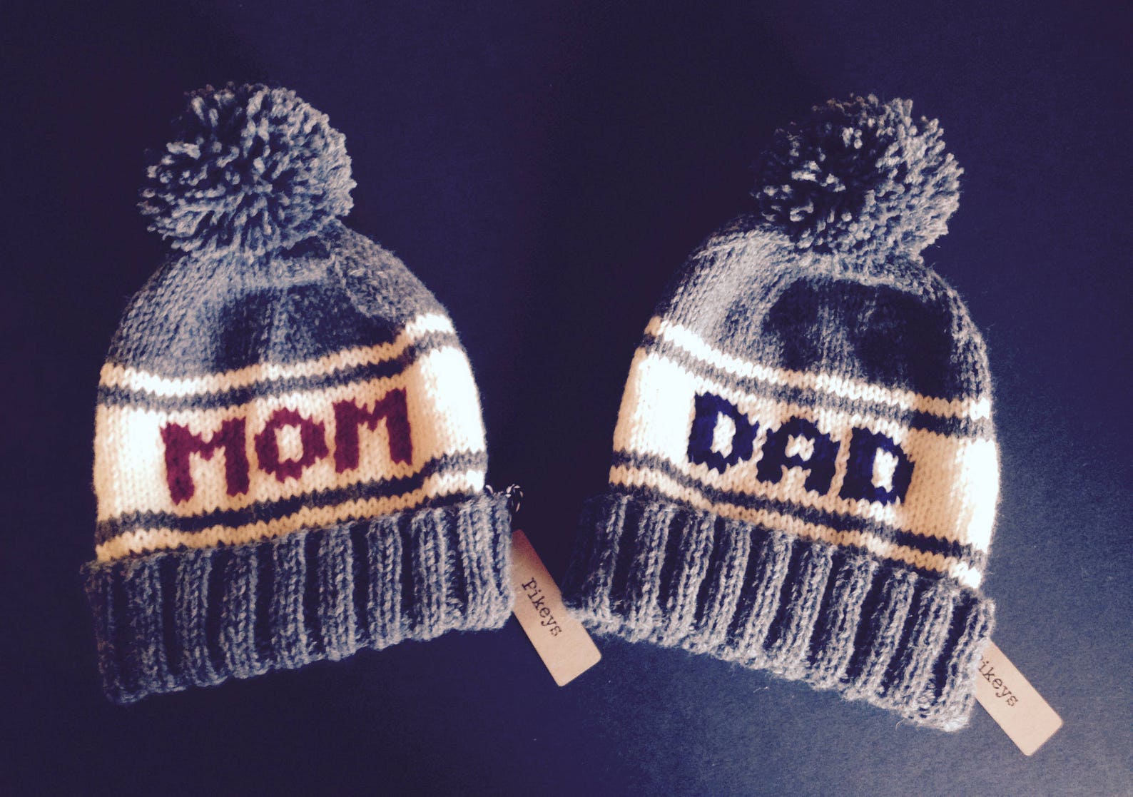 Mom and Dad Beanie Set Grey Hand Knit Hats Retro Style Pom Etsy