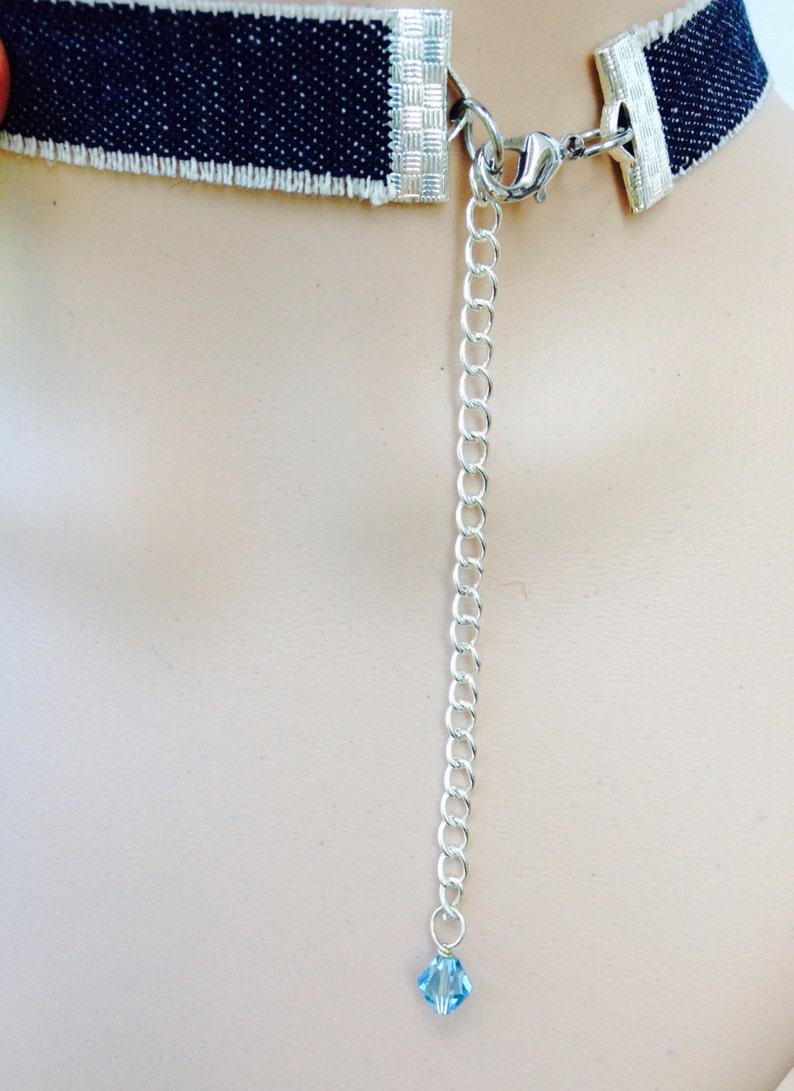 Fringed Denim Choker Necklace With Blue Briolette Charm Etsy