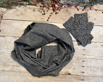 Black and White Infinity Scarf and Fingerless Mitts Set, Black and White Cotton Flannel Houndstooth Scarf and Black/White Hand Knit Gloves