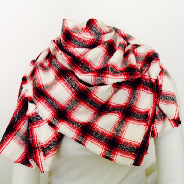 Plaid Blanket Scarf, White, Red and Black Plaid Cotton Flannel Wrap, Fringed Oversized Scarf, Buffalo Plaid Scarf, Red Plaid Scarf