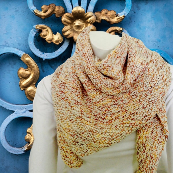 Cream, Gold and Bronze Hand Knit Triangle Scarf, Handknit Shawl, Cream and Gold Winter Wrap, Knit Bandana Scarf, Ivory Hand Knit Scarf