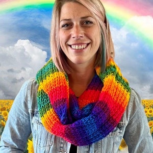 Rainbow Striped Hand Knit Infinity Scarf or Fringed Rainbow Scarf, Pride Scarf, Winter Scarf, Chunky Knit Scarf, Rainbow Scarf