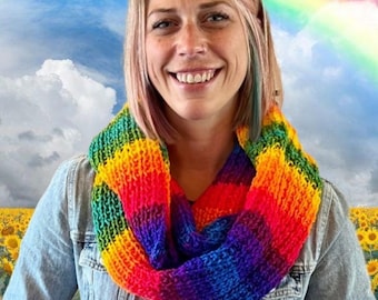 Rainbow Striped Hand Knit Infinity Scarf or Fringed Rainbow Scarf, Pride Scarf, Winter Scarf, Chunky Knit Scarf, Rainbow Scarf